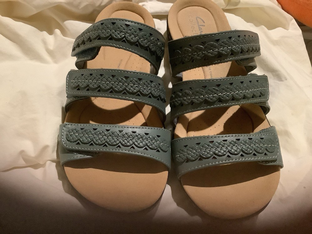 Clarks Laurieann Cove Blue Gray Leather Slide Sandals Size 7