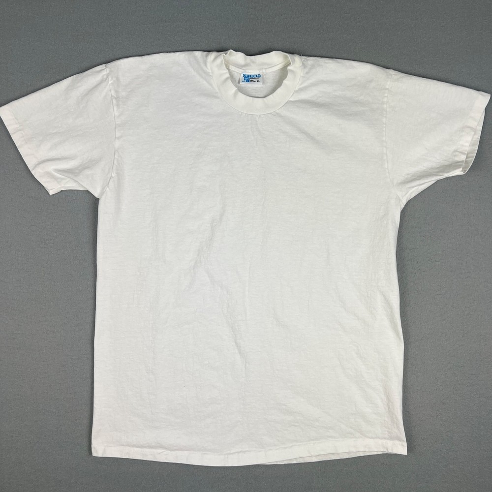 VTG Blank Plain White T Shirt Fits L Sunbelt Short Sleeve 80s Single Stitch USA