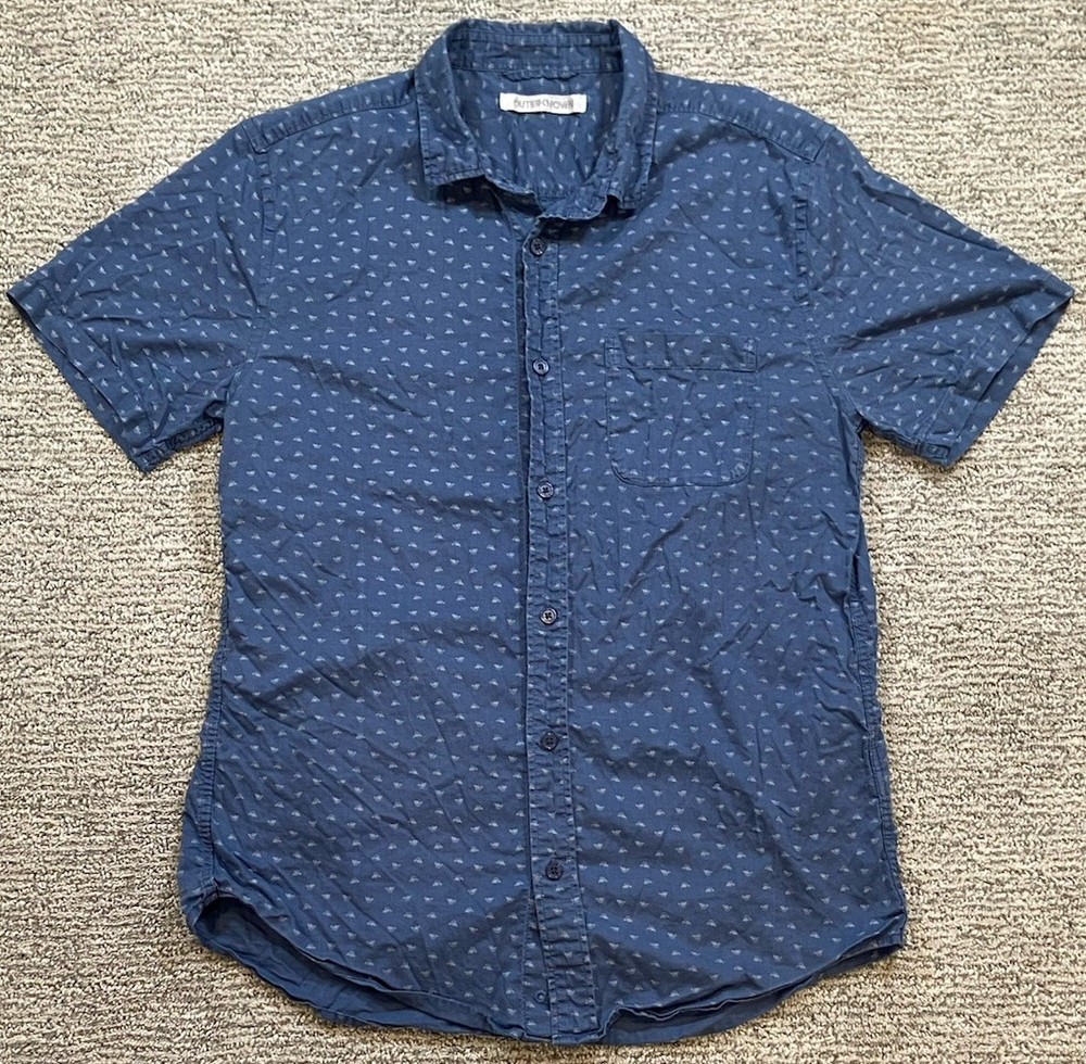 Outerknown Shirt Mens Small Short Sleeve Blue Button Up Organic Cotton Hemp AOP