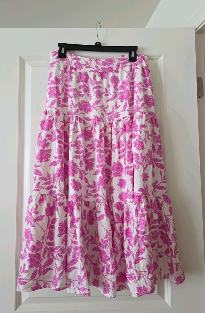 LC Lauren Conrad Floral Print Tiered Maxi Skirt White Pink Sz Large Preppy Boho