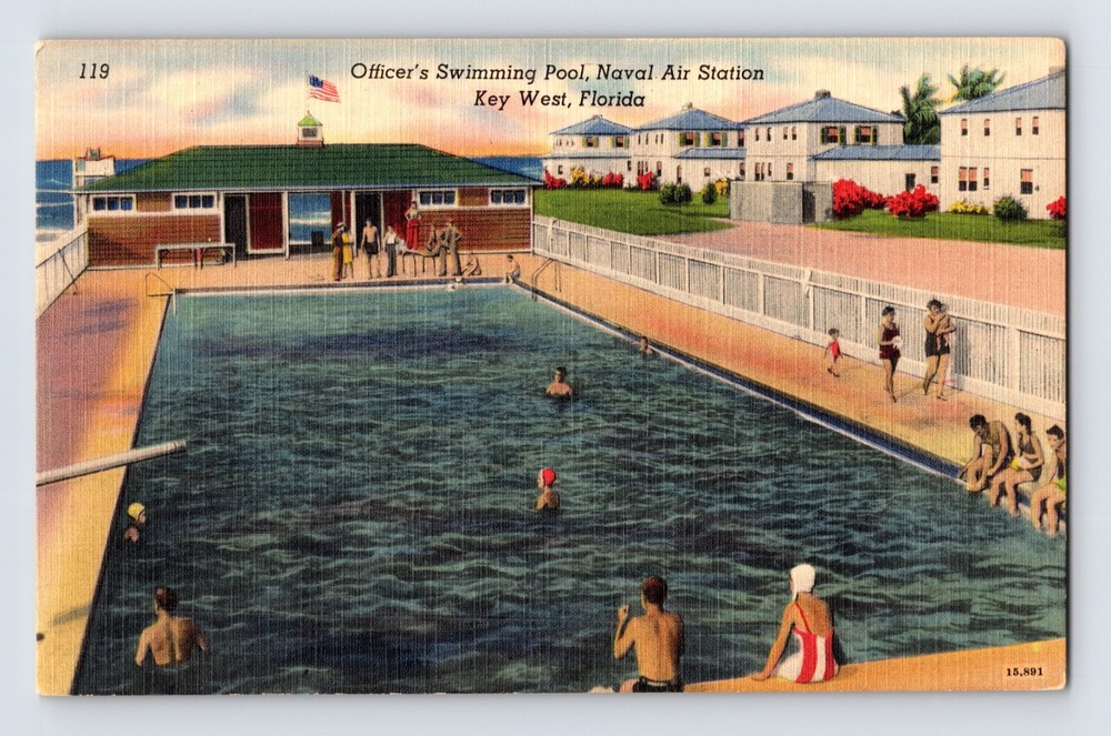 Postcard Florida Key West FL Navy Officer Swimming Pool 1940s Unposted Linen