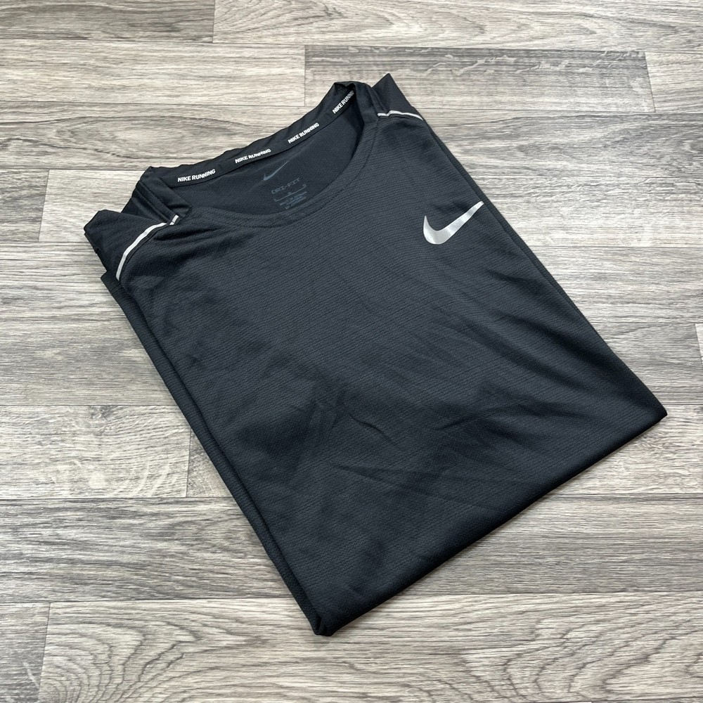 NIKE Swoosh Logo Dri-Fit Black Crewneck Active Running T-Shirt Men's Size Large