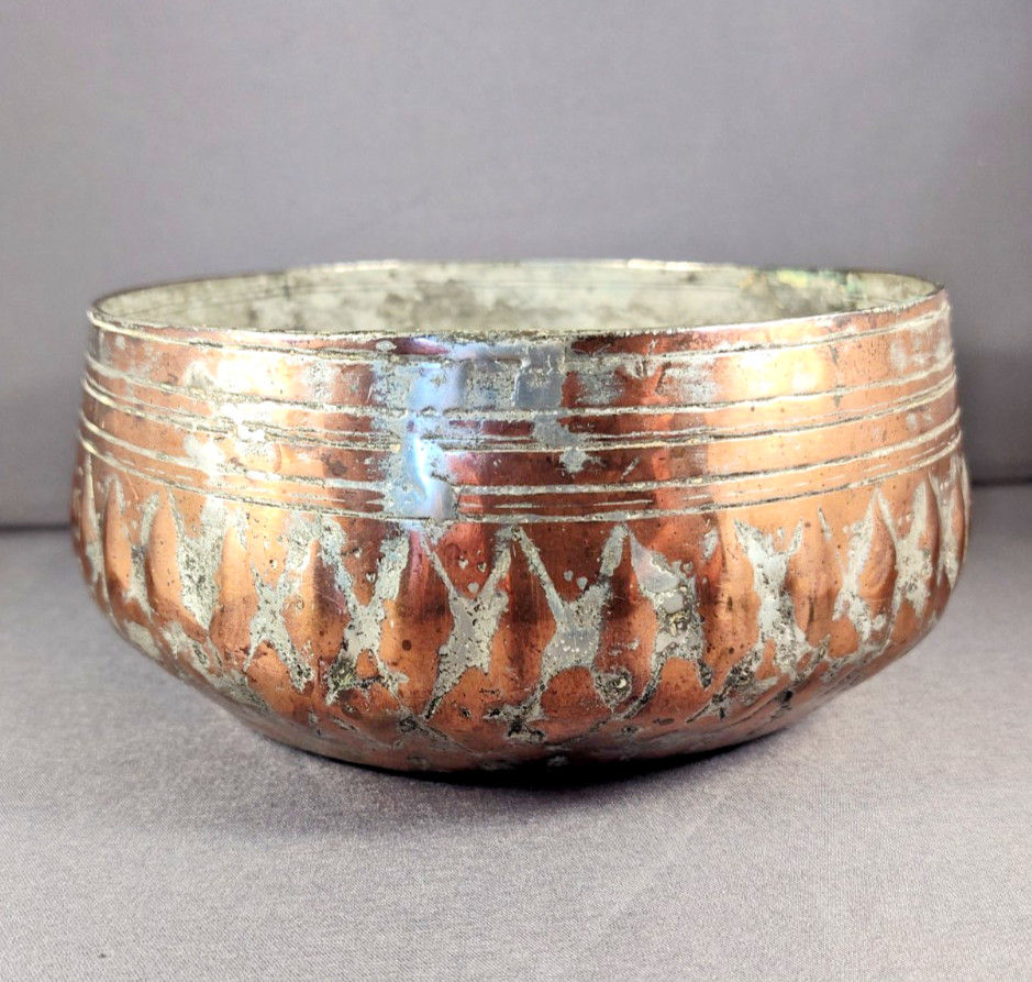 Antique Hand-crafted Buddhist Coppersinging Inlay Bowl, fused metal RARE 6