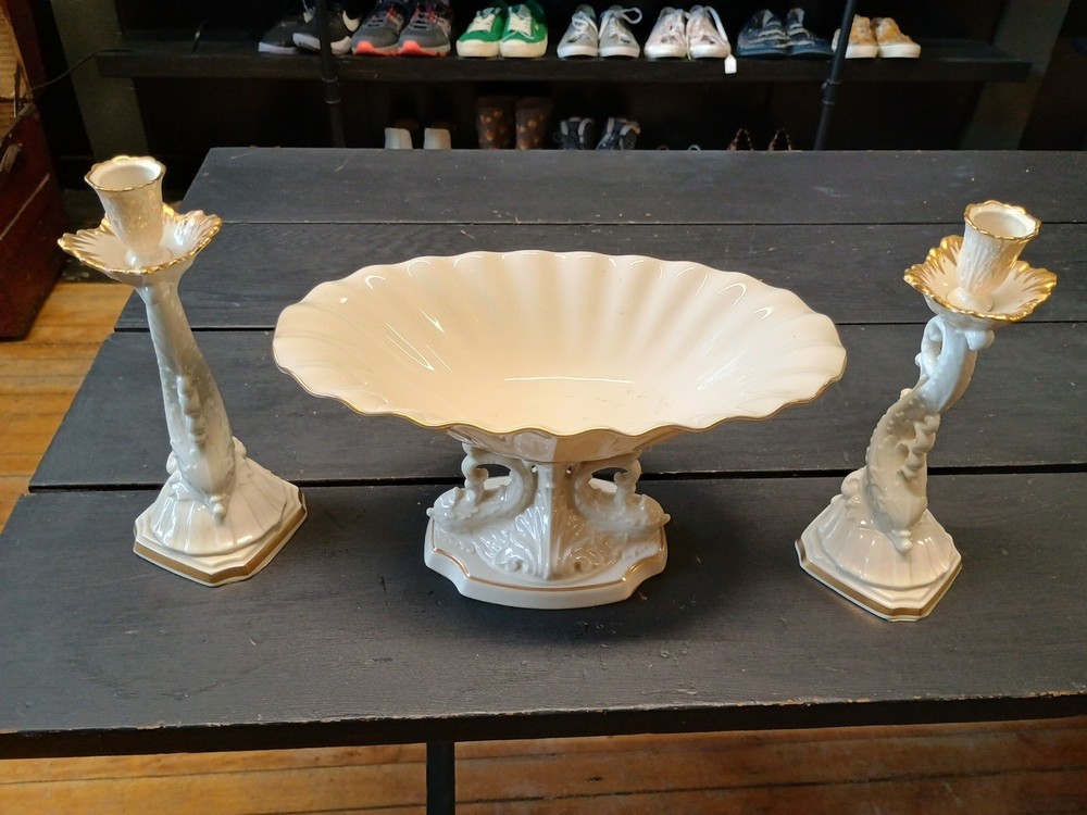 Lenox AQUARIUS Dolphin 3pc Candlesticks & Centerpiece Cream 24k Gold USA Vintage
