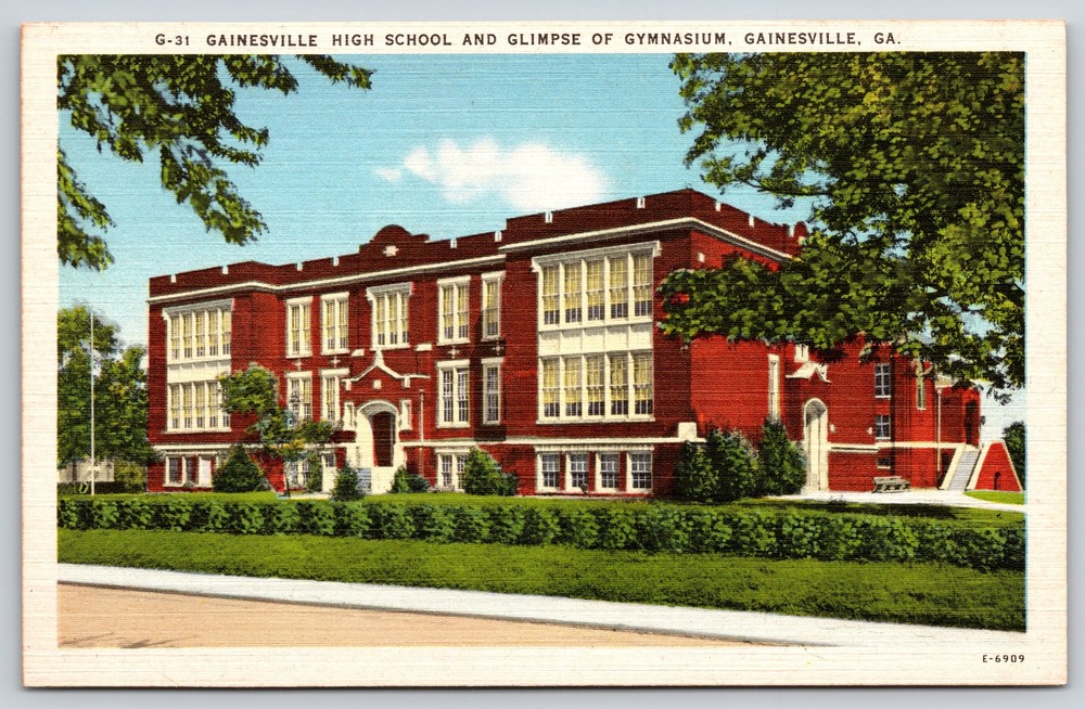 Gainesville Georgia~Front of High School & Gymnasium~Vintage Linen Postcard