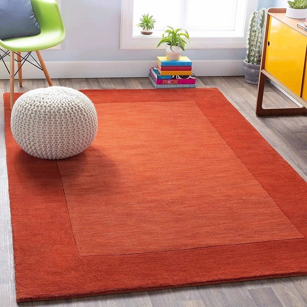 Rust Orange Wool Area Rug 8x10 – Modern Hand-Tufted Solid Carpet for Living Room