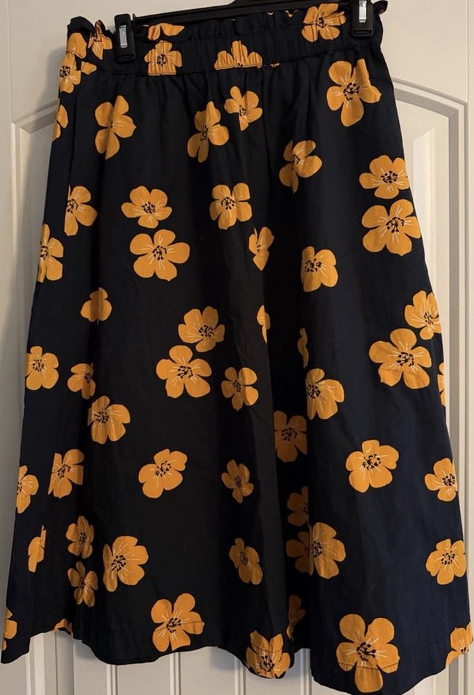 WHO WHAT WEAR Women's Small Black/Orange Floral A-Line Midi Skirt Cotton Lined