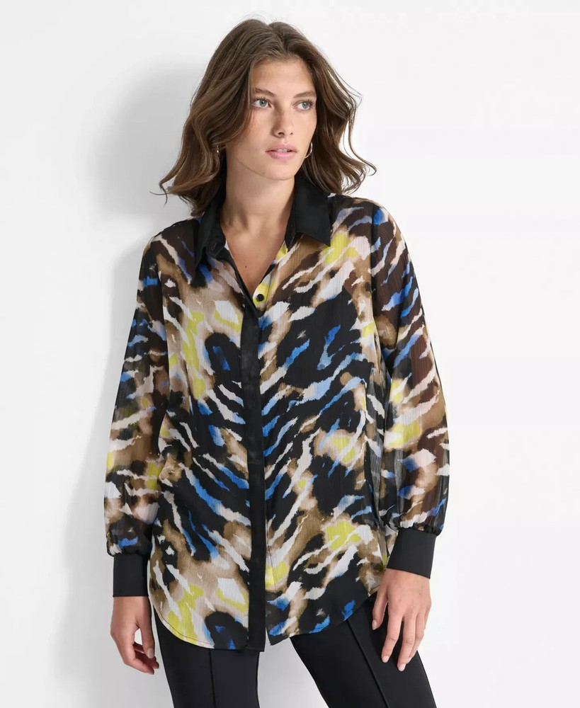 DKNY Women's Top Sz M Crinkled Chiffon Abstract-Print Blouse