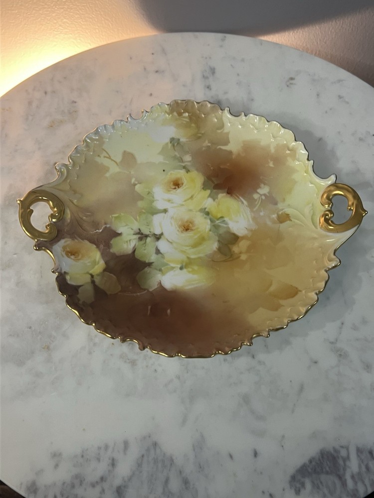 Antique Noritake Bowl Hand Painted Gold Handles Rose Floral 9.5”