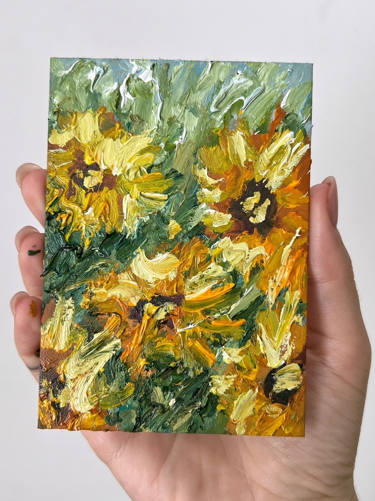 Small Ukrainian Sunflower Oil Painting Floral Art Gift