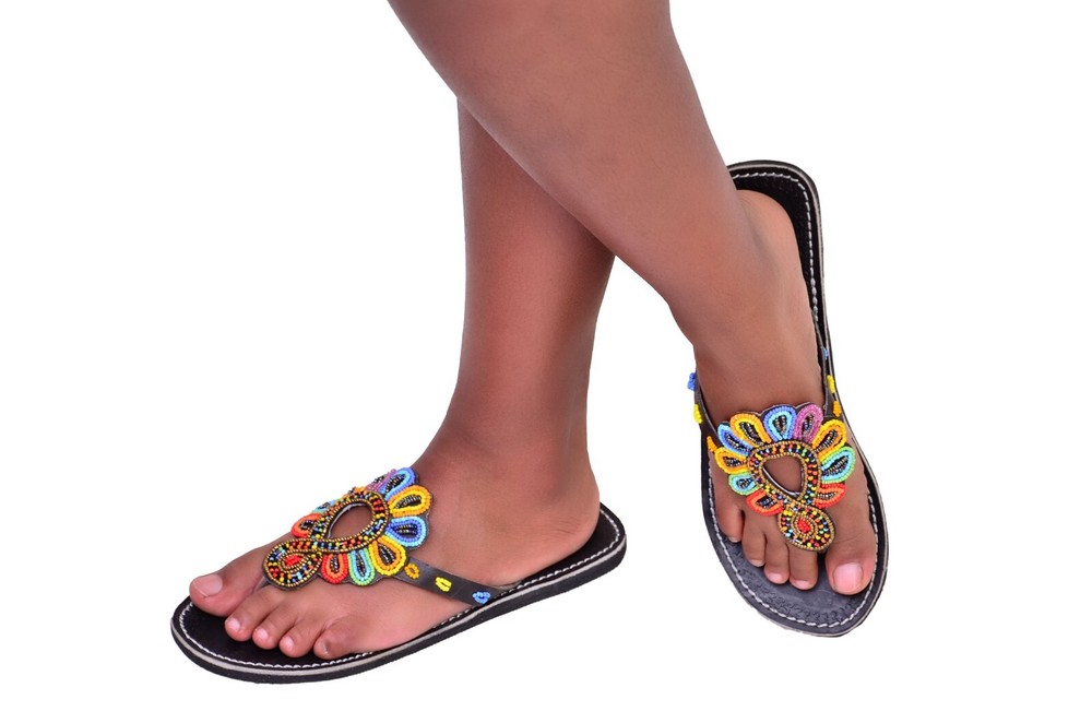 Beaded Women African Slipper Sandals Bohemian Summer Leather Masai Kenya Vibrant