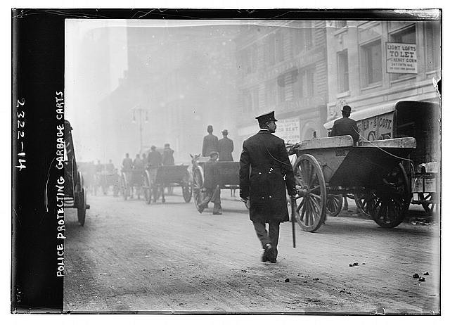 Police protecting garbage carts,November 1911,Garbage Strike,New York City