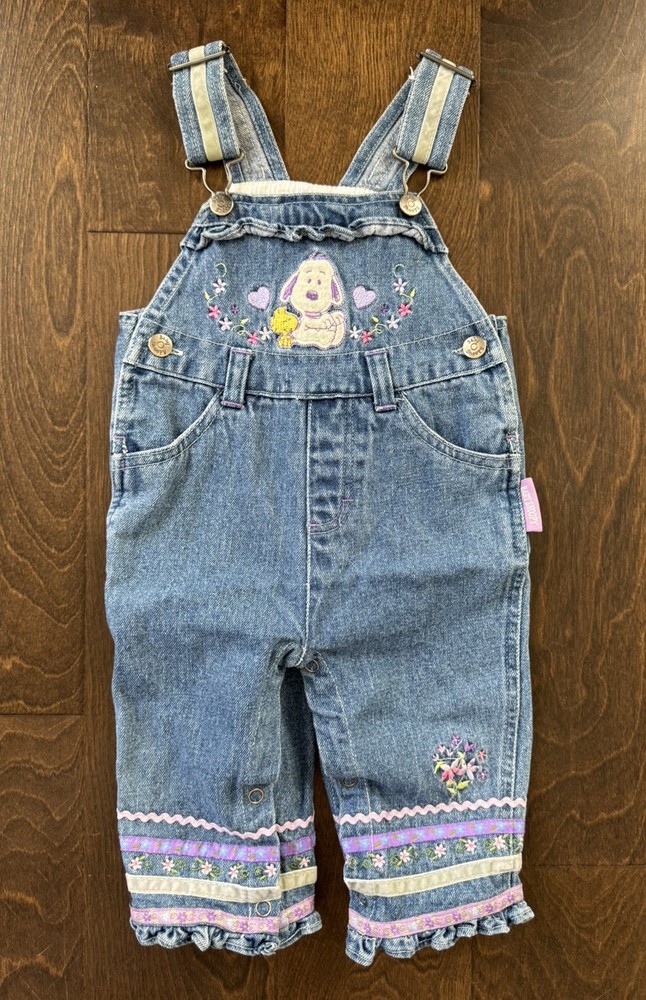 Vintage Baby Snoopy Kids Denim Overalls Sz 8-9M Girls RARE 2000’s