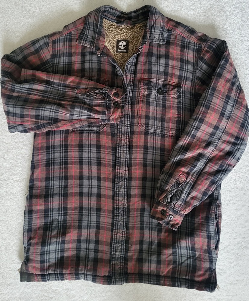 Timberland Men's Red Plaid Fleece-Lined Flannel Shirt Jacket Size L  