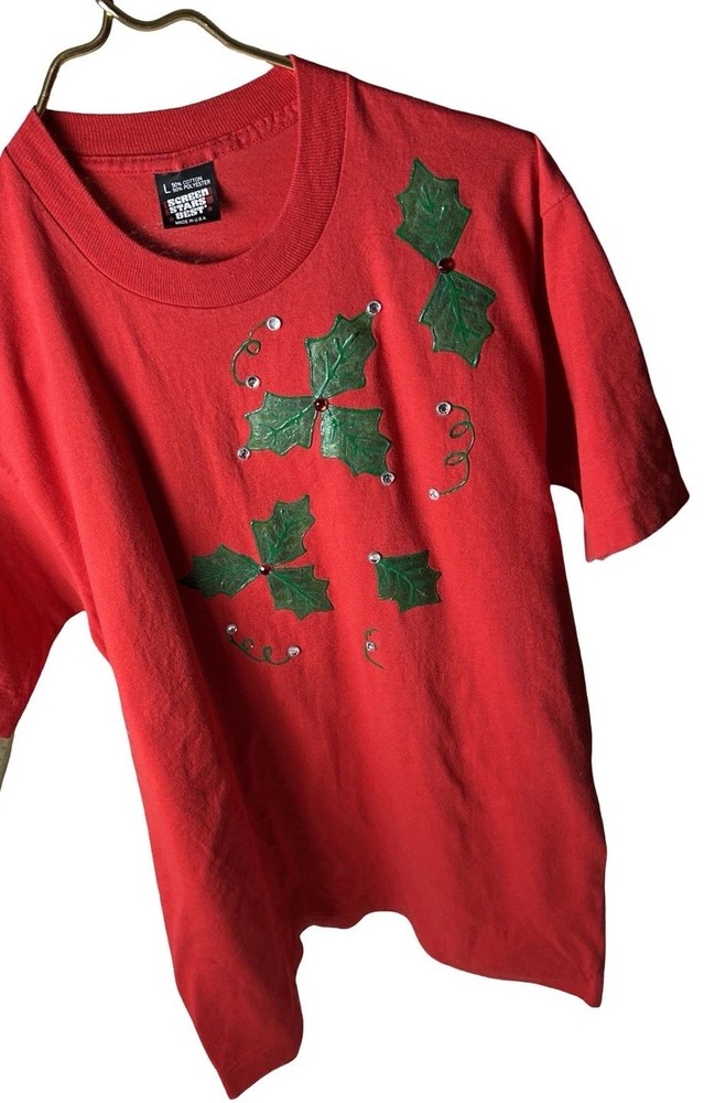 VTG Screen Stars Best Christmas Single Stitch T-shirt Size Large Red Green Holly