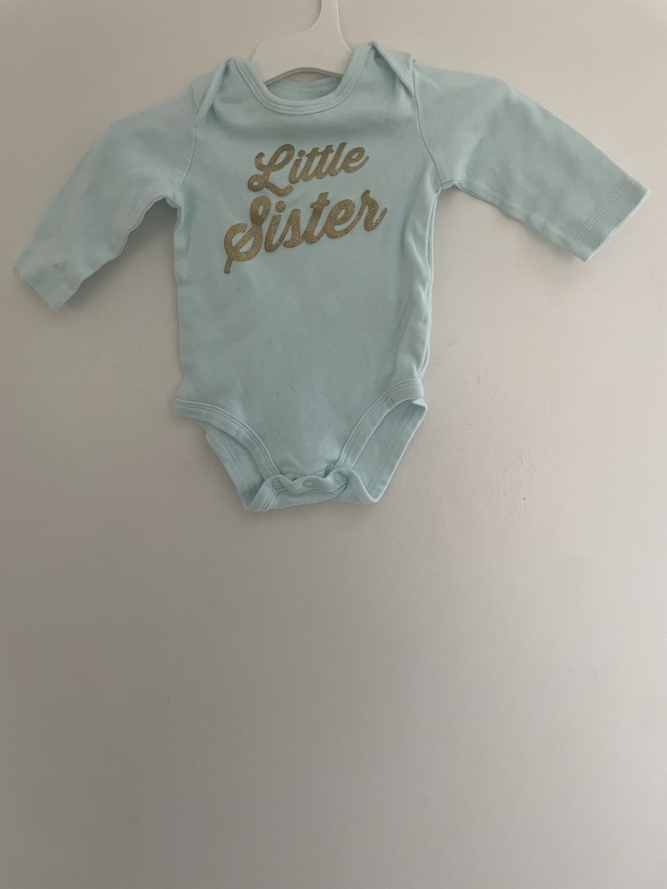 Carters Baby Girl Little Sister Glitter 100% Cotton Long Sleeve Bodysuit Aqua 6M