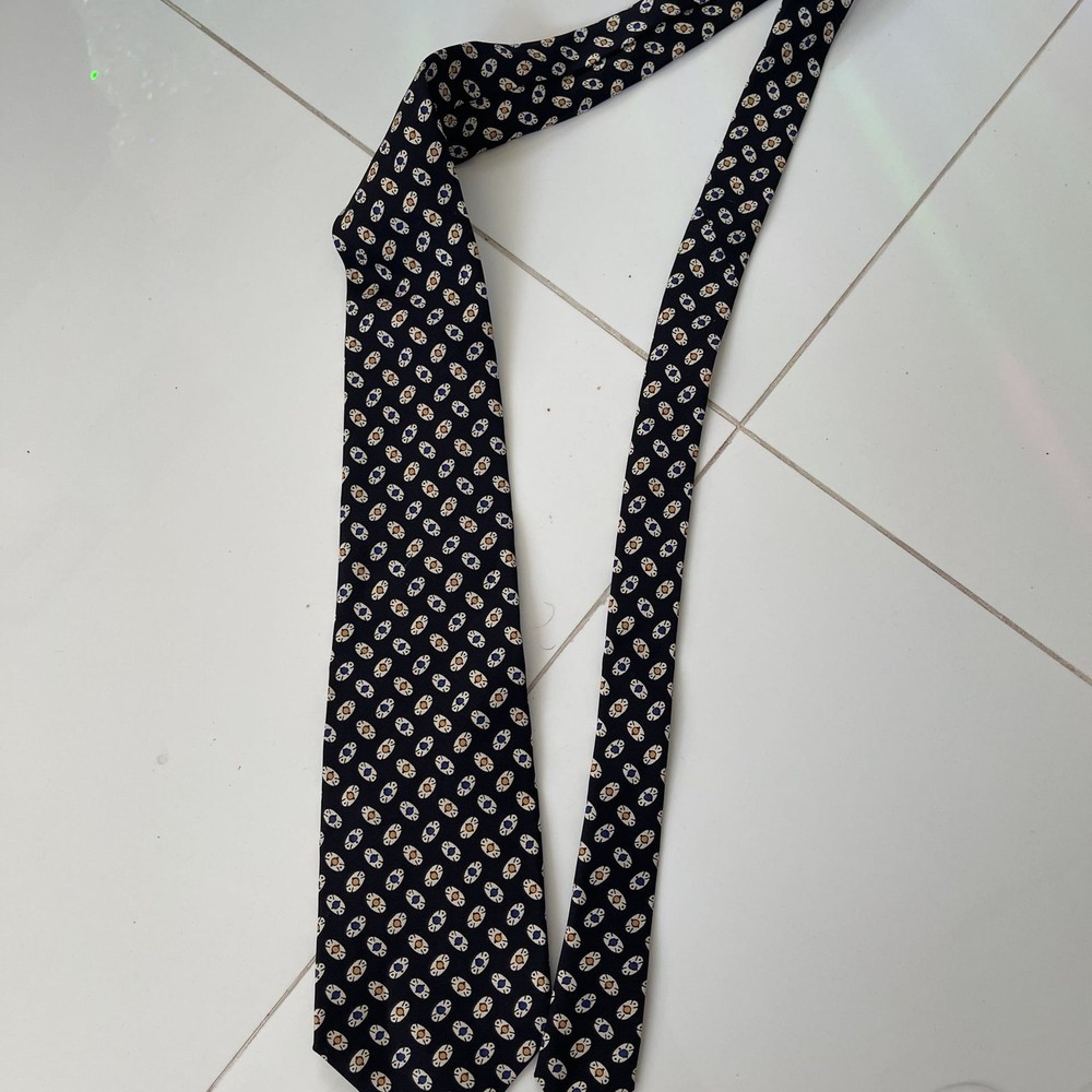 Vintage Men's Black Silk Tie with Multicolor Geometric Pattern