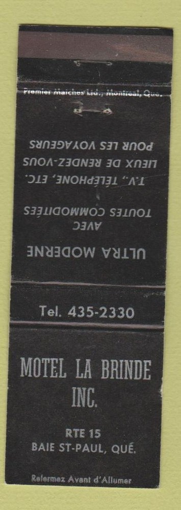 Matchbook Cover - Motel La Brinde Baie St Paul QC