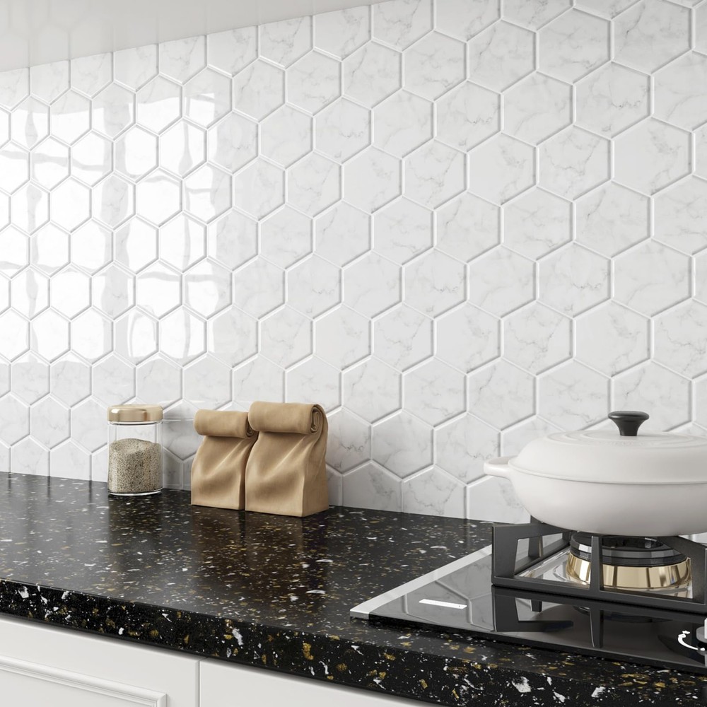 White Marble Hexagon Peel and Stick Backsplash Tiles for Kitchen