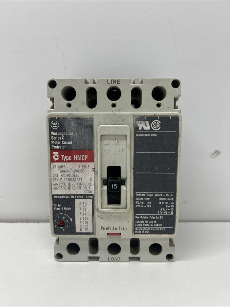 WESTINGHOUSE HMCP015EOC 600V 15A 3 Pole Circuit Breaker