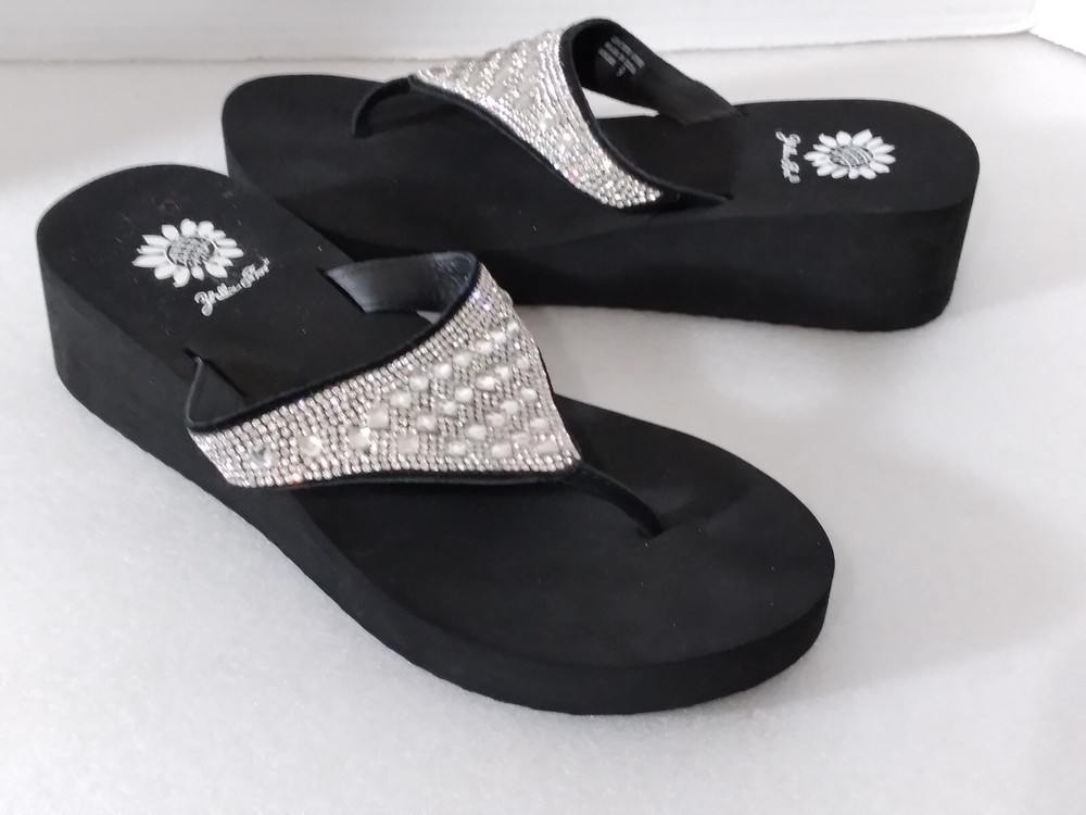 Yellow Box Sandals Rhinestone Flip Flop Wedge Platform Leather BIRDER Size 9 NEW