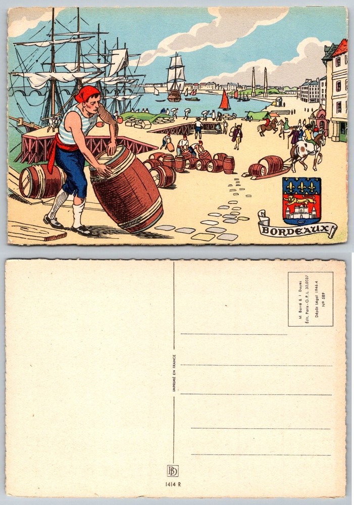 Vintage Bordeaux France Port Sailor Wine Barrels Cartoon Postcard 1946