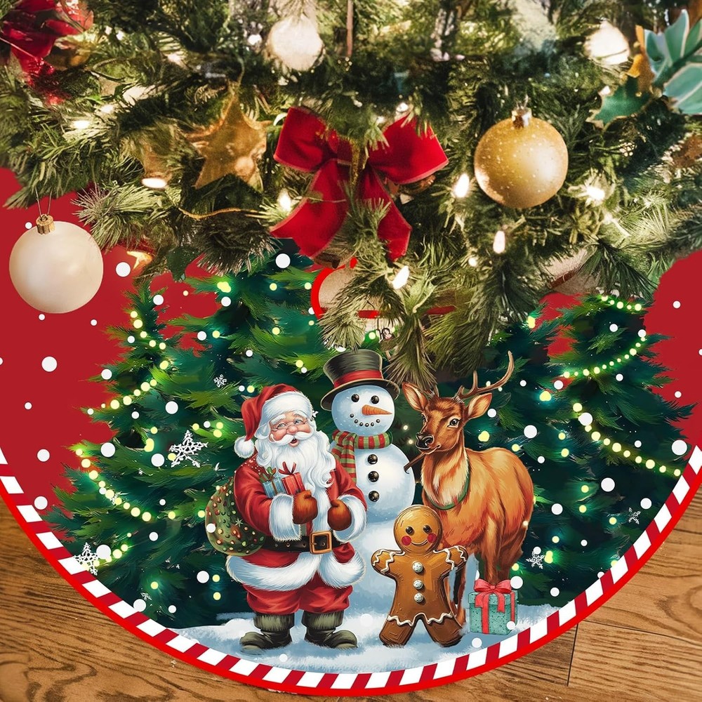 48 Inch Red Christmas Tree Skirt With Santa Claus & Snowmen - Large Polyester...