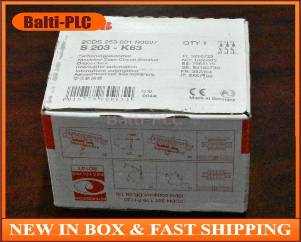 ABB S203-K63 Miniature Circuit Breaker 3 Pole, 63A (2CDS 253 001 R0607) New