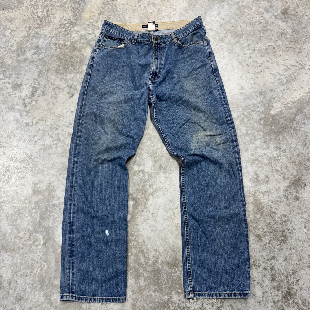 Tommy Hilfiger mens 34x32 y2k jeans distressed denim blue baggy Faded skate