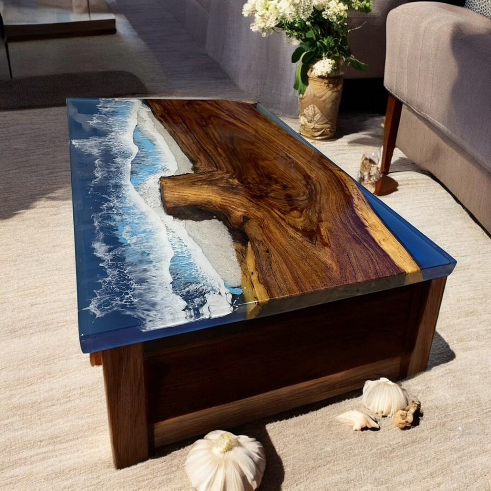 Epoxy Ocean Wave Dining Table Acacia Wood Kitchen Countertop Outdoor Furniture