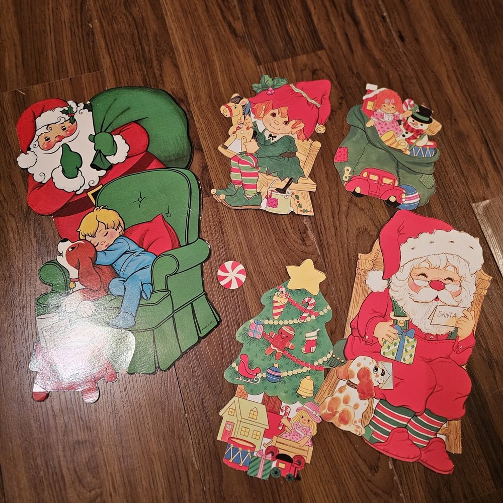 Christmas Die Cut Wall Hangings Vintage Paper One Sided Santa Claus Elf Tree 6