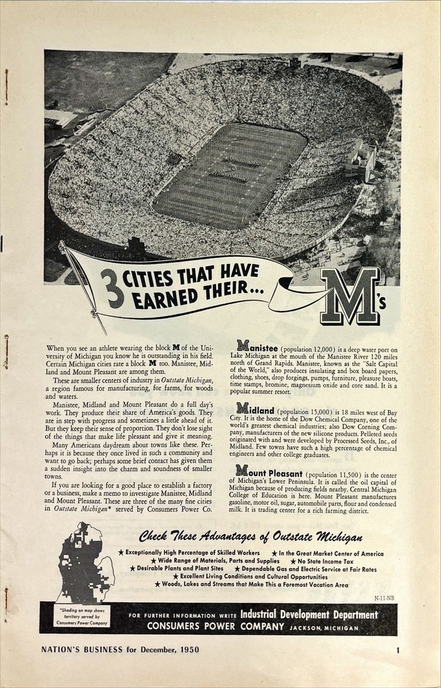 Michigan Football Stadium, Manistee, Midland, Mt Pleasant Vintage Print Ad 1950