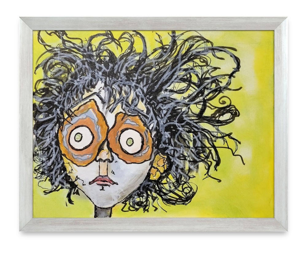 Abstract Portrait Painting Framed Canvas Expressionist Face Yellow Background