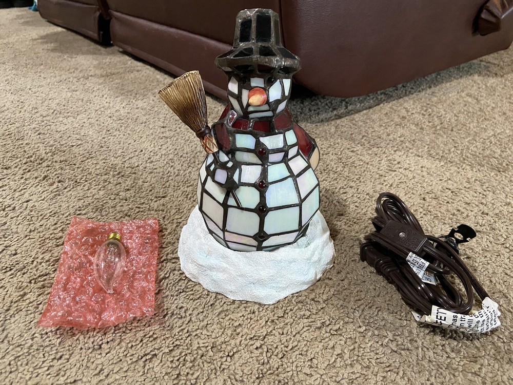 Snowman Tiffany Style Stained Glass Christmas Holiday Accent Lamp 8.5” Tested-image