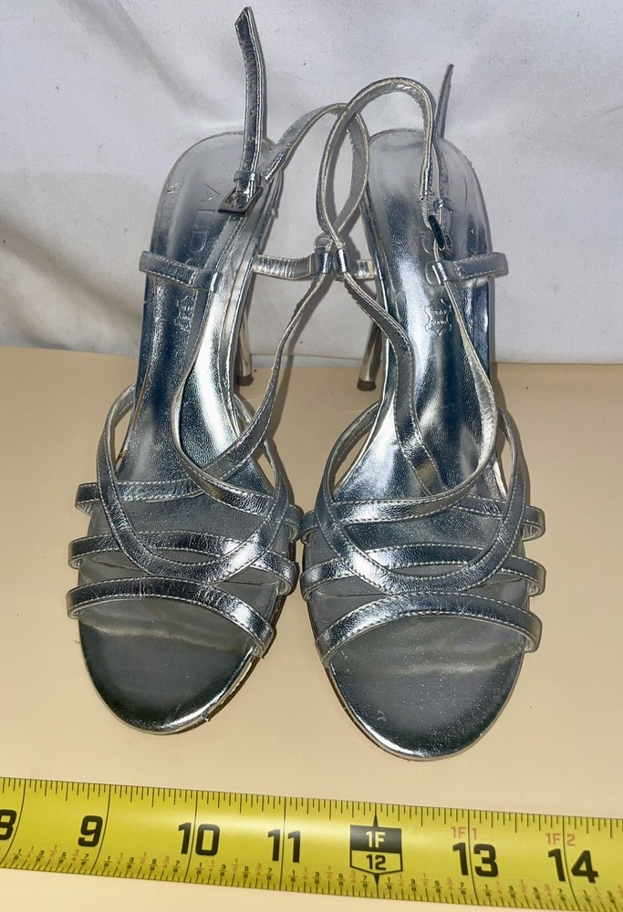 Aldo Silver Strappy Leather Soles High Heel Sandals Size 37 US 6.5 Vintage