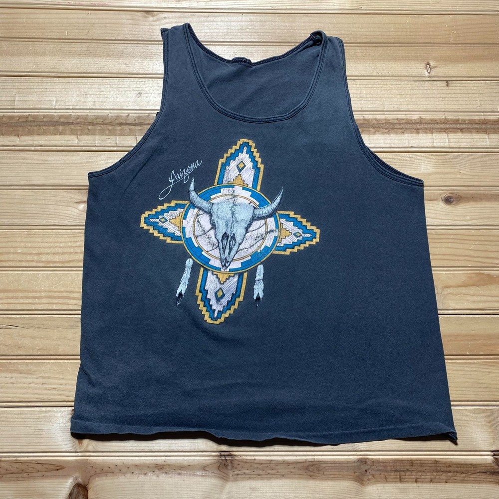Vintage 90s Arizona Southwestern Tribal Bull Skull Souvenir Tank Top Men's Large
