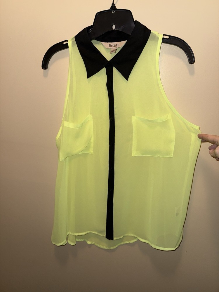 Decree Blouse Sleeveless Yellow And Black Collared Sheer With Pockets Size Large