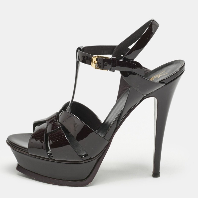 Saint Laurent Burgundy Patent Leather Tribute Sandals Size 39 EU