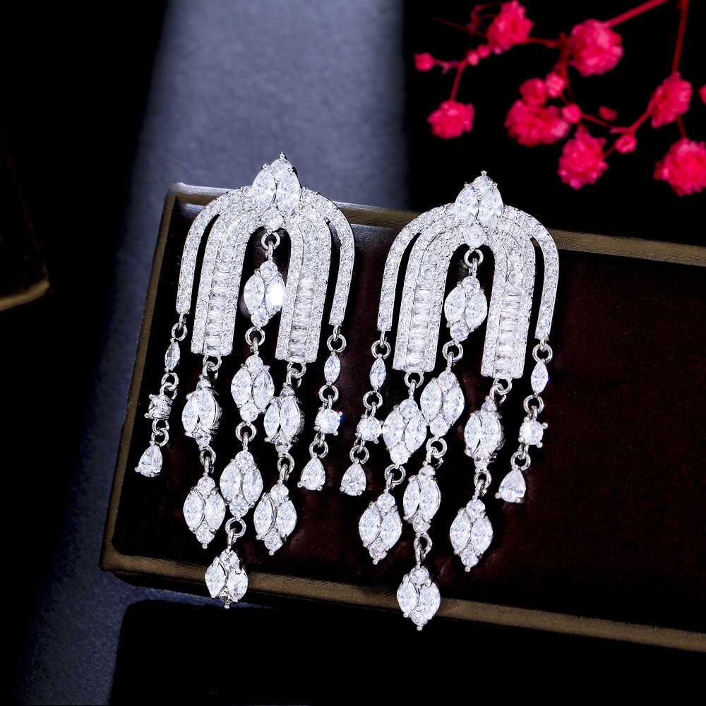 Bling Silver Plated CZ Big Wedding Long Dangly Drop Chandelier Bridal Earrings