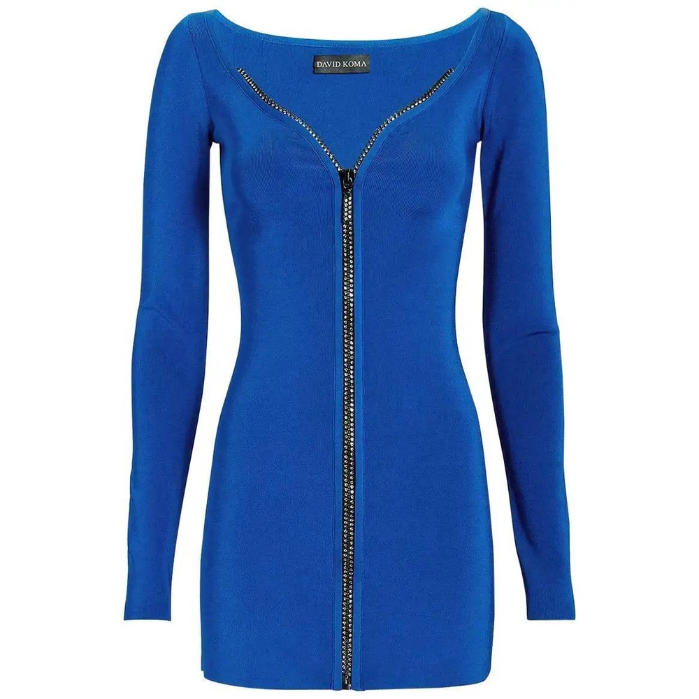 DAVID KOMA Blue Crystal Embellished Zipper Front Long Sleeve NEW XS Mini Dress