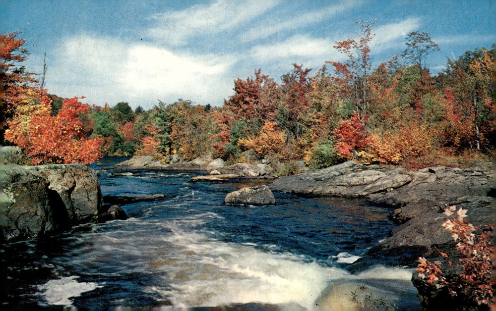 1961 Plymouth New Hampshire Autumn Fall Foliage River Plastichrome Postcard