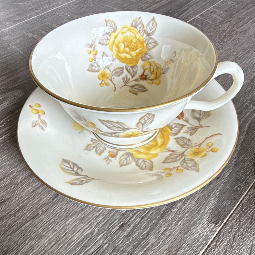 Castleton Porcelain Yellow Rose Floral Cup & Saucer Set w/ Handle, Gold Trim