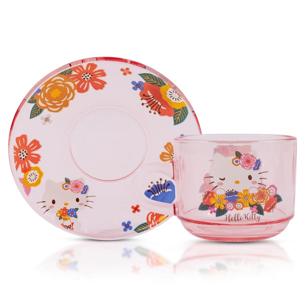 Hello Kitty Floral Glass Teacup and Saucer Set with Sanrio Charm  