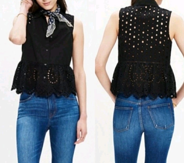 Madewell  Eyelet Black Sleeveless Peplum Top Blouse Button Ruffle Front XS