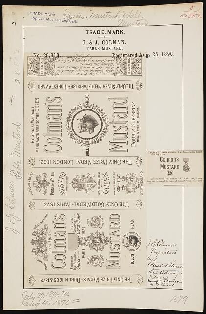 Photo:Norwich England 1896 Colman�s Table Mustard Trademark Registration