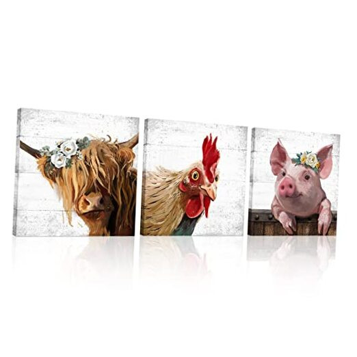 Farm Animal Farmhouse Wall Art: Highland Cow Rooster Pig Head Picture for