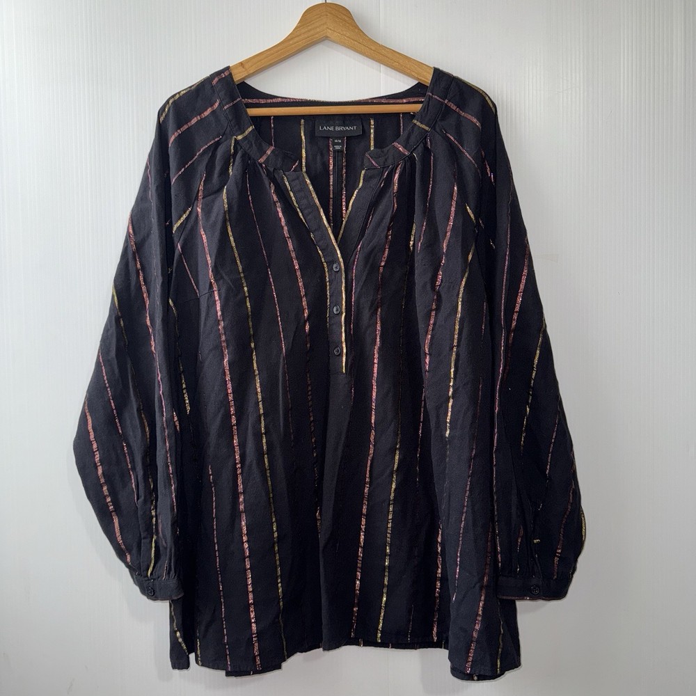 Lane Bryant Women's Black Stripe No Peek Split Neck Long Sleeve Top Size 14/16