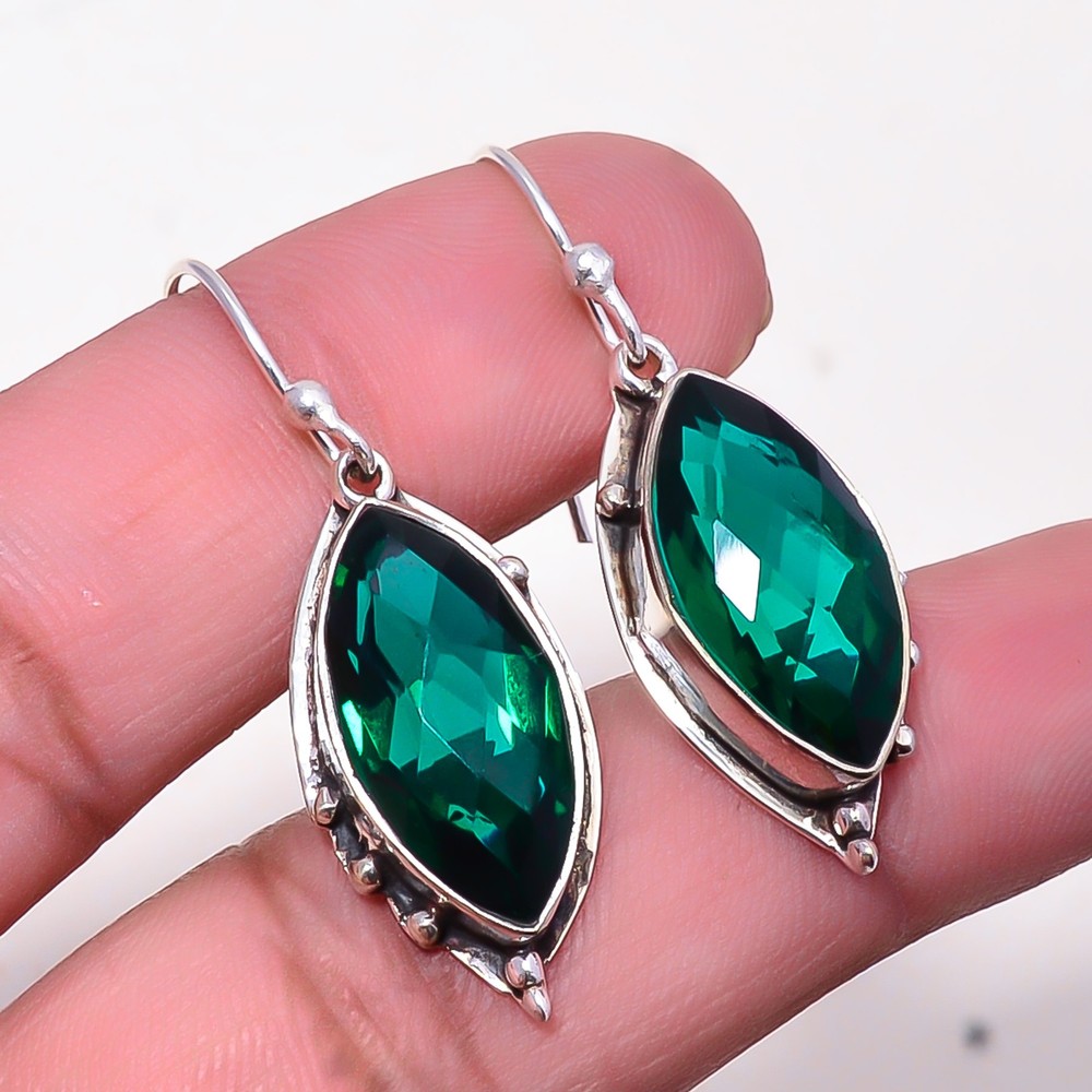 Emerald Simulated Gemstone 925 Sterling Silver Dangle Earrings 1.64 Inch