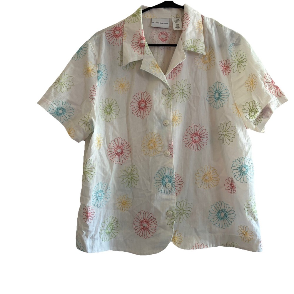 Alfred Dunner Women's Top Size 18 White Floral Short Sleeve Button Up Blouse