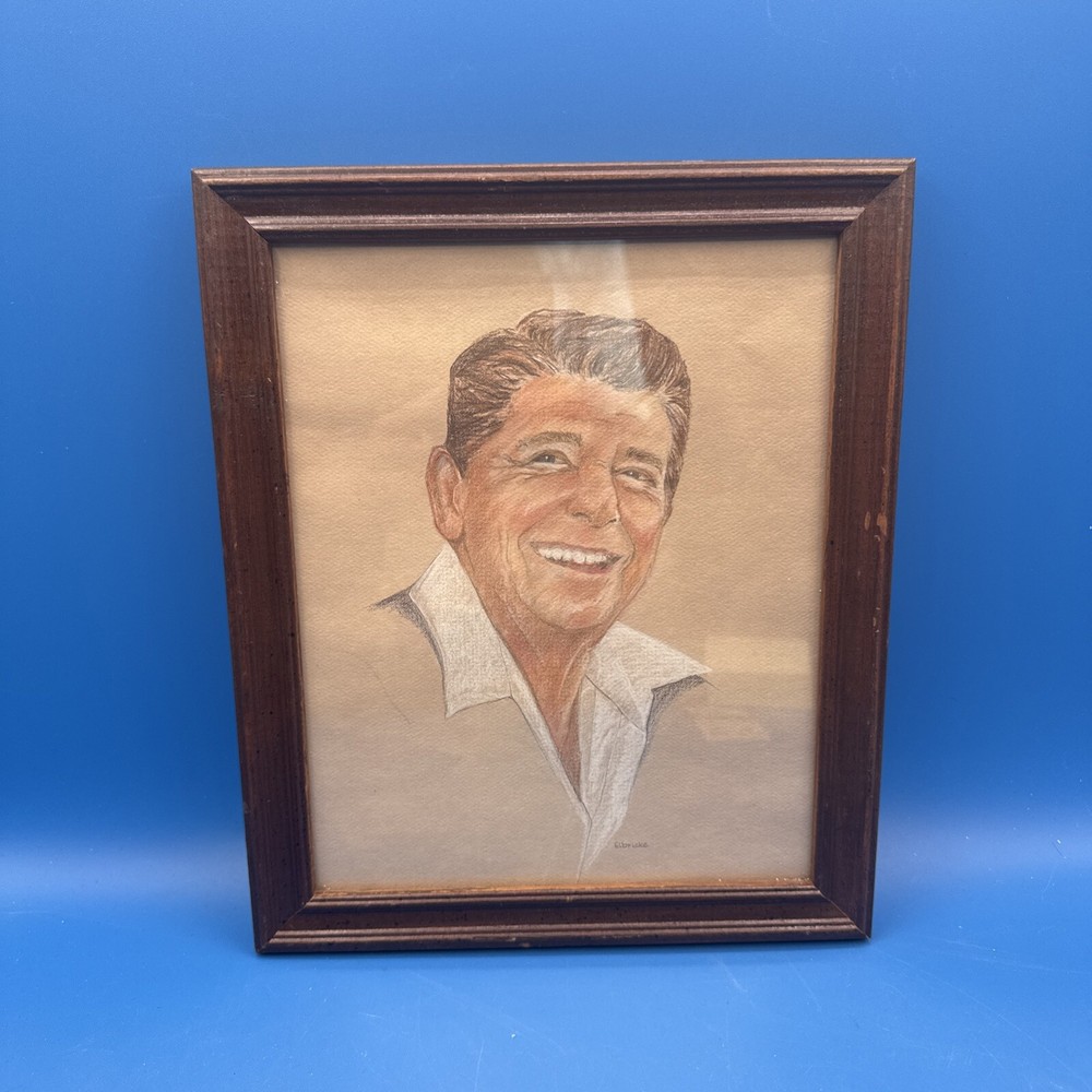 Ronald Reagan Wooden Framed Portrait Signed Print Elbricke Size 9.5*11.5